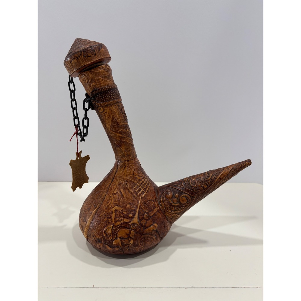 JEYPE Vintage Hand Tooled Goat Leather Porron Wine Decanter Bottle Spain VINO